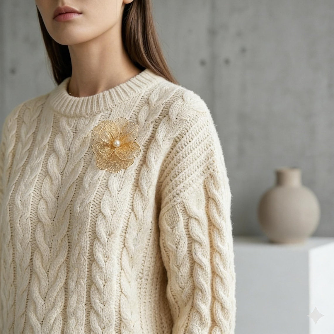 Gold Wire Flower Brooch with Pearl, Modern Floral Lapel Pin, Statement Jewelry