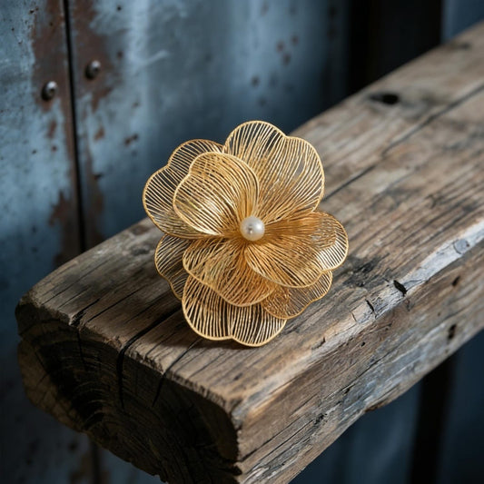 Gold Wire Flower Brooch with Pearl, Modern Floral Lapel Pin, Statement Jewelry