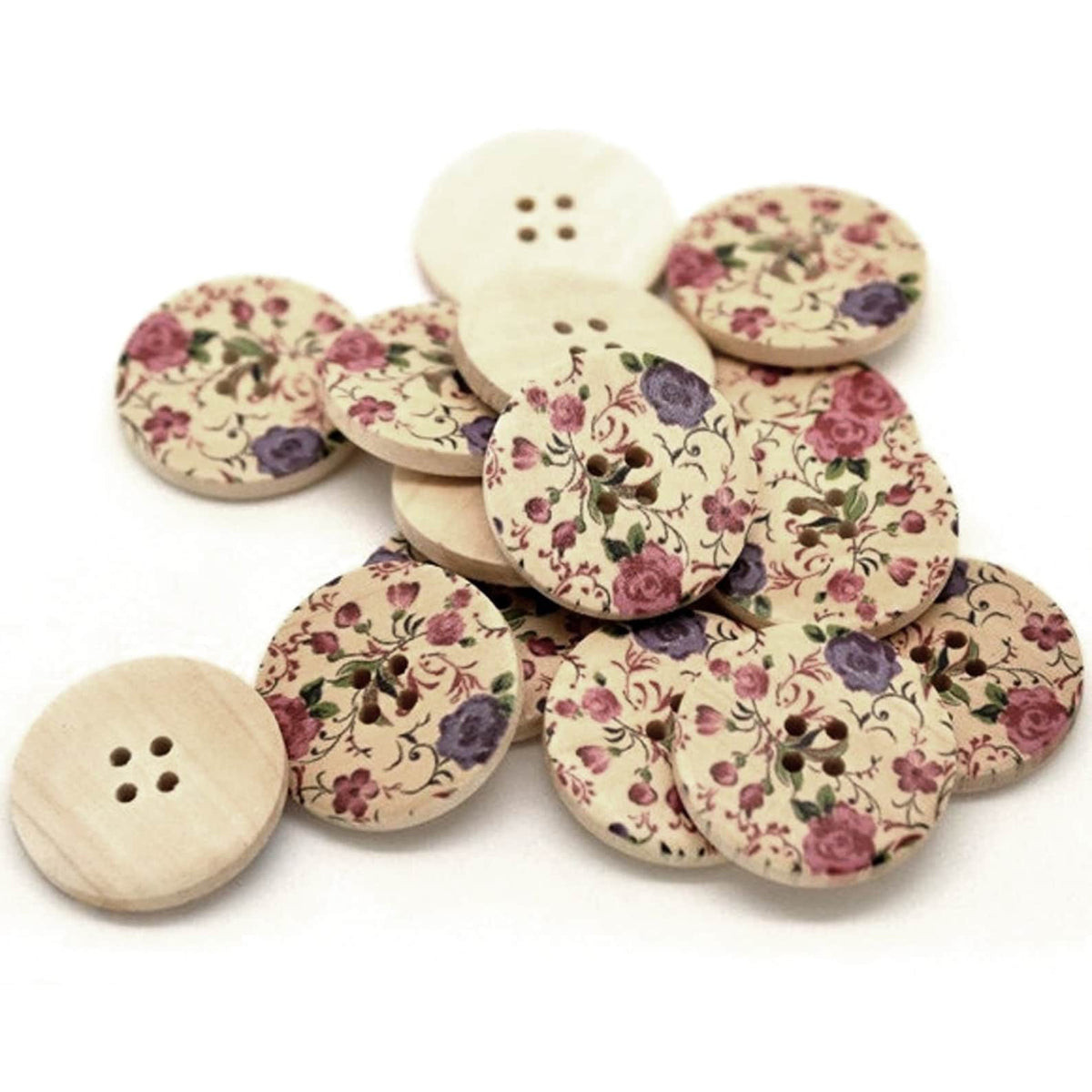 6 floral wooden buttons, Cottage wood buttons, 30mm sewing buttons, Botanical knitting buttons