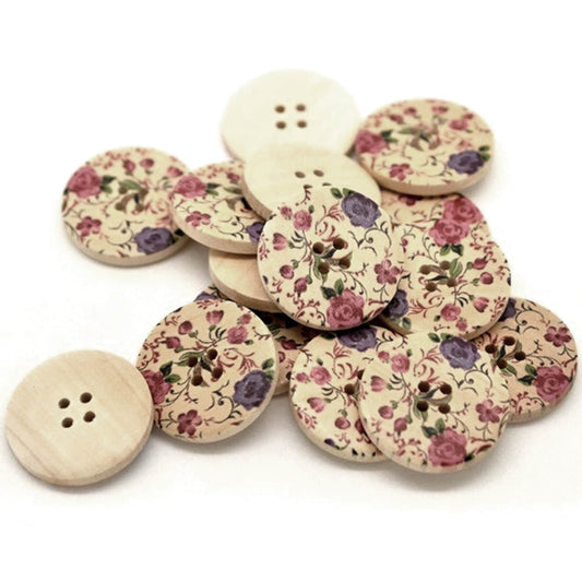 6 floral wooden buttons, Cottage wood buttons, 30mm sewing buttons, Botanical knitting buttons